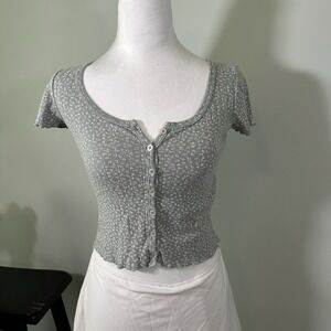 Brandy Melville Button Up Floral Knit Top‎ Sage Green OS